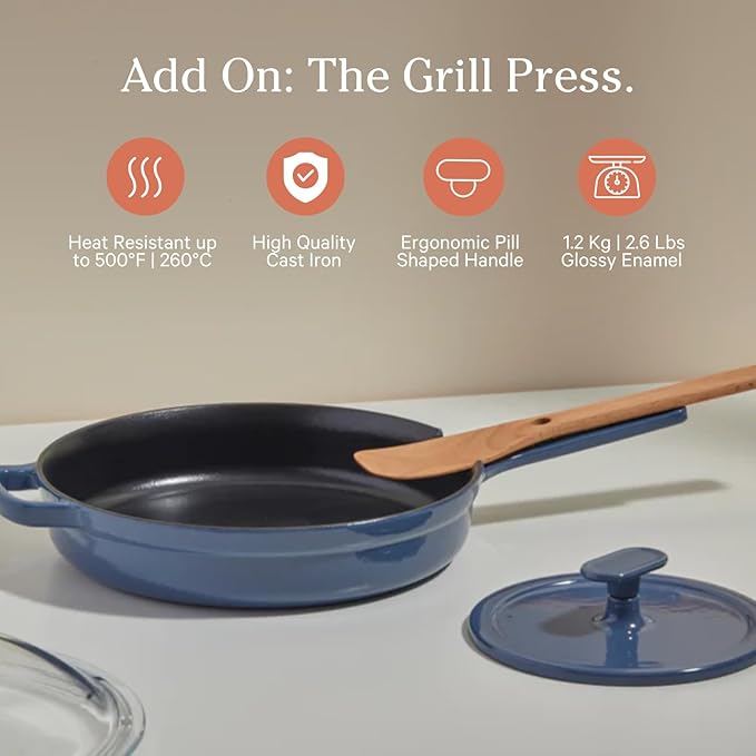 Our Place Grill Press - Cast Iron Add-On for Perfect Searing, Crispy Cooking | Heat-Resistant, Easy-Clean | Compatible with Cast Iron Always Pan | Blue Salt