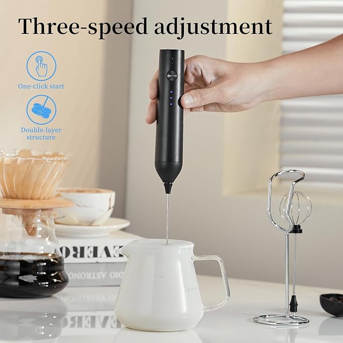 Electric Milk Frother Set, Rechargeable Drink Blender with Wand and Egg Whisk, 3 Speed Adjustable Foam Maker Mixer, Milk Frother Handled for Coffee, Matcha, Protein Powder (Black with Stand)