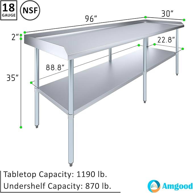 AmGood Commercial Work Table with Backsplash and Sidesplashes | Height: 35" | Stainless Steel Prep Table for Kitchen, Restaurant, Garage, Laundry | NSF (96" Long x 30" Deep)