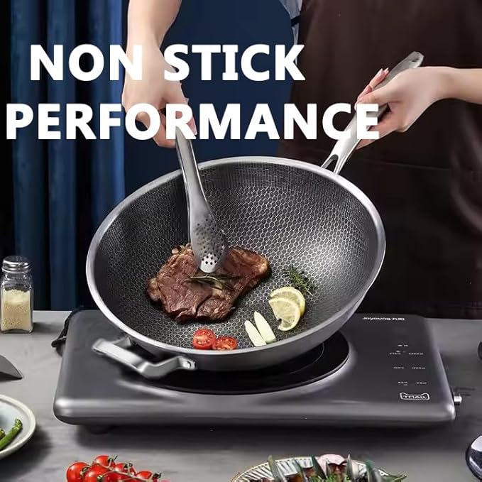 Wok Pan,Hybrid Nonstick 12 Inch Wok with Lid,Induction Non Stick Stainless Steel Large Deep Woks&Stir-Fry Pans,Frying Pan,Stay-Cool Handle Skillets,PFOA Free,12 Inch Wok