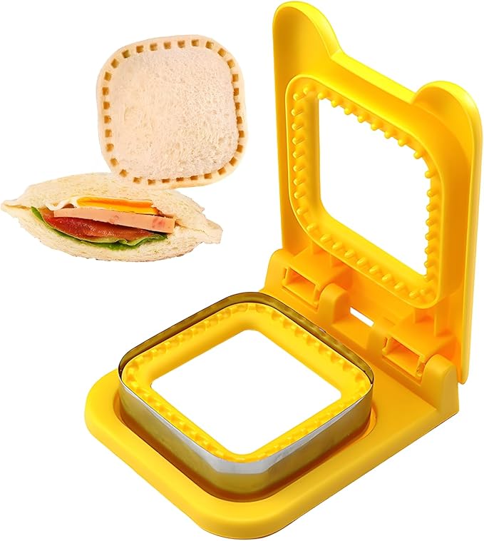 Uncrustable Sandwich Maker Sandwich Cutter and Sealer 2-in-1, Square Crustless Sandwich Maker for Lunch, Picnic, School, Fast Healthy Snacks (Yellow)