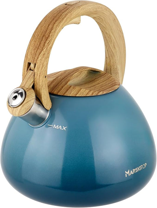 MARSKITOP Tea Kettle Stovetop Whistling, 2.6 Quart Tea Pot for Stove, Food Grade Stainless Steel Teapot for Stovetop with Anti-Hot Handle, Suitable for All Heat Sources, Blue