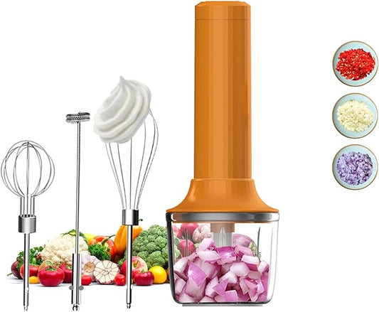 4-in-1 Electric Hand Mixer, Electric Whisk, Mini Onion Chopper 10Oz, Small Cordless Hand Blender, Milk Frother Wand for Coffee, Matcha, 4 Speed Rechargeable Food Processor for Baby Food Maker
