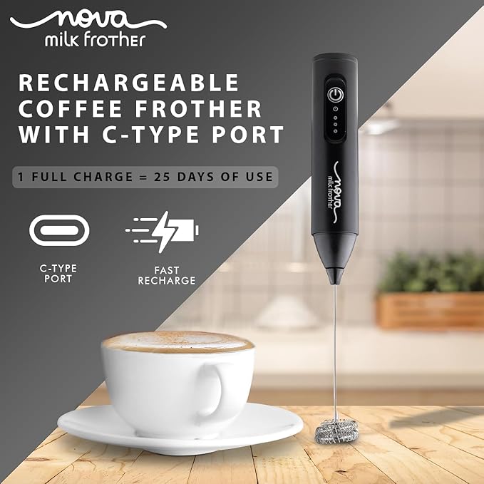 Milk Frother for Coffee, Rechargeable Electric Handheld Frother Wand with Dual Whisk, 3 Speed Settings, Fast Recharge, Powerful Motor, Handheld Mixer Electric 1 Year Warranty