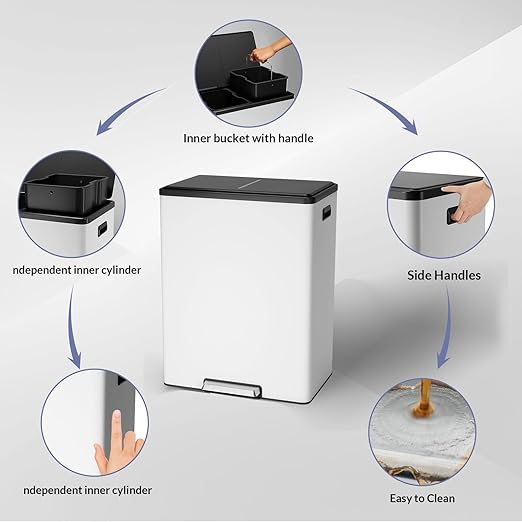 GarveeHome Step Dual Trash Can, 60 L/16 gal Recycle Bins with Lid, 2 Removable Wastebusket, Step Pedal, Large Stainless Steel Double Trash Bin for Kitchen, Bathroom