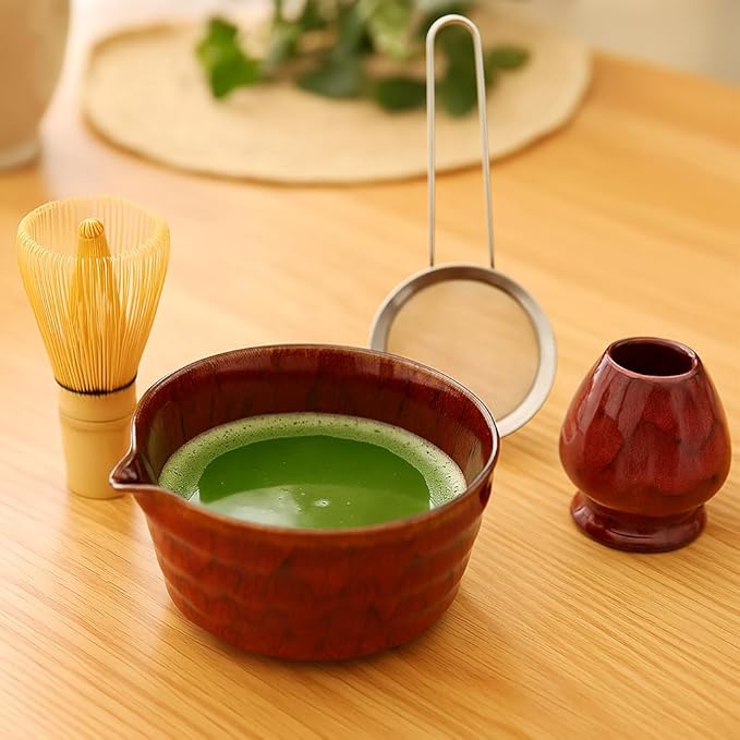 Matcha Whisk Set, 2025 New Ceramic Matcha Set Includes Matcha Bowl, Bamboo Scoop,Sifter, Whisk and Holder- 5 Pcs Kit for Matcha Lovers (Rose Red)