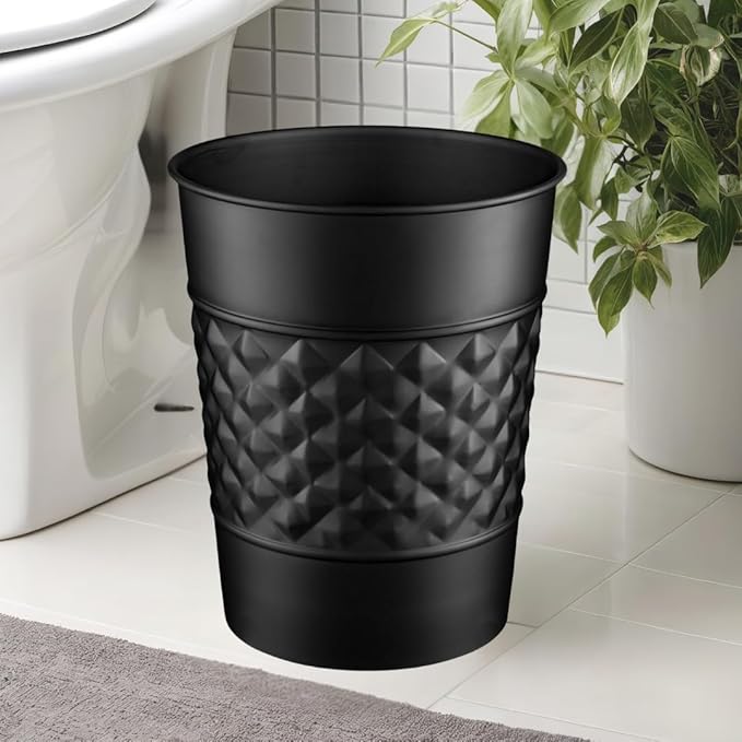 Monarch Abode Black Handcrafted Geometric Embossed Metal Wastebasket for Home Office, Decorative Waste Basket, Modern Bathroom Garbage Can, Durable & Decorative Trash Bin, Black Bathroom Trash Can