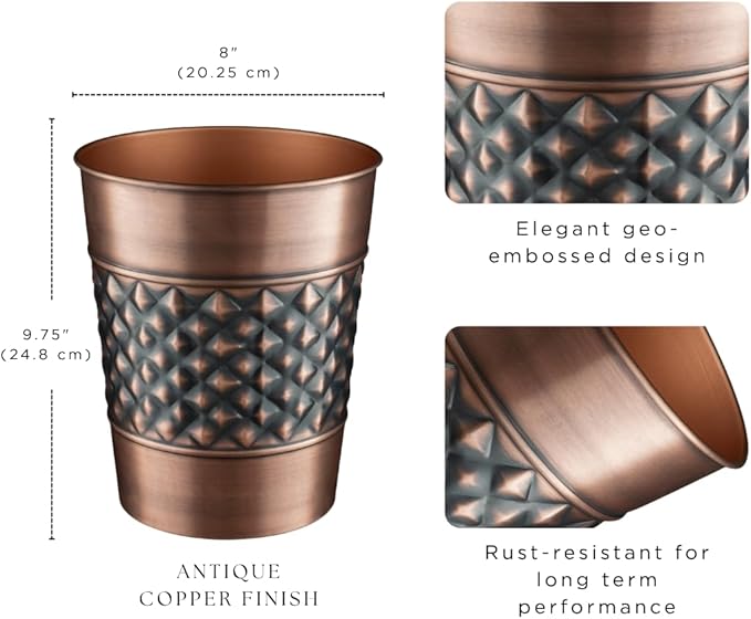 Monarch Abode Antique Copper Handcrafted Geometric Embossed Metal Wastebasket for Home, Decorative Waste Basket, Modern Bathroom Garbage Can, Durable & Decorative Trash Bin, Antique Copper Trash Can