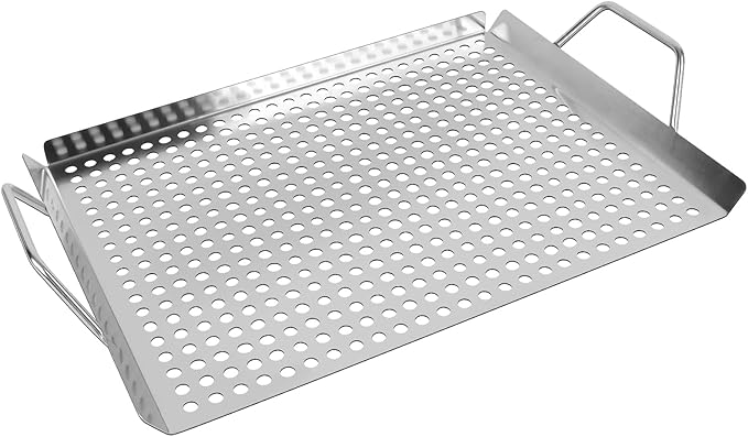 11 x 14 Inch Nonstick Grill Tray with Handles,Perforated Stainless Steel Grill Pans for Outdoor Grill,Heavy Duty Grilling Accessories for Charcoal/Gas Grills,Easy to Use and Clean (11 * 14)