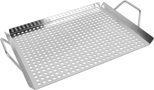 11 x 14 Inch Nonstick Grill Tray with Handles,Perforated Stainless Steel Grill Pans for Outdoor Grill,Heavy Duty Grilling Accessories for Charcoal/Gas Grills,Easy to Use and Clean (11 * 14)