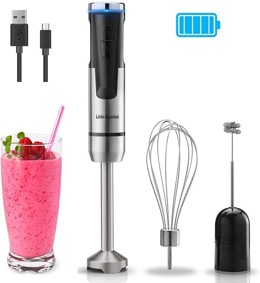 Liebe&Lecker Immersion Blender Handheld Cordless, 3 in 1 Cordless Hand Blender, 8 Speed Cordless Immersion Blender, Wireless Handheld Portable Stick Mixer with Whisk Milk Frother for Soup Smoothie