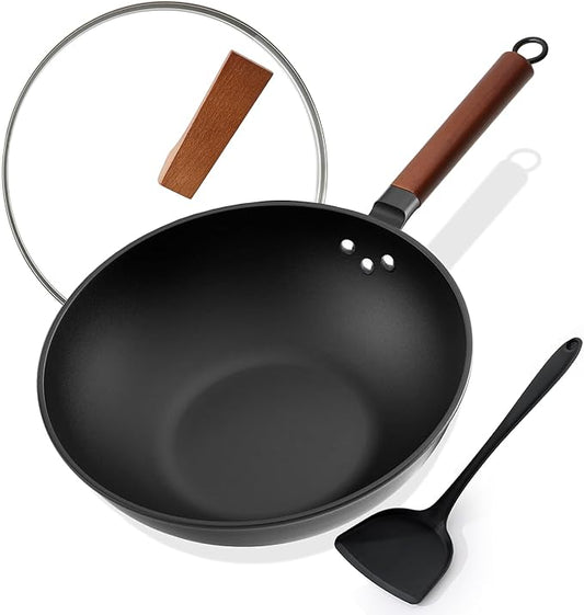 Nonstick Wok with Lid, 13 Inch Woks & Stir Fry Pans Nonstick, Carbon Steel Wok for Cooking, Pre-Seasoned Flat Bottom Chinese Wok for Induction, Electric, Gas Stoves