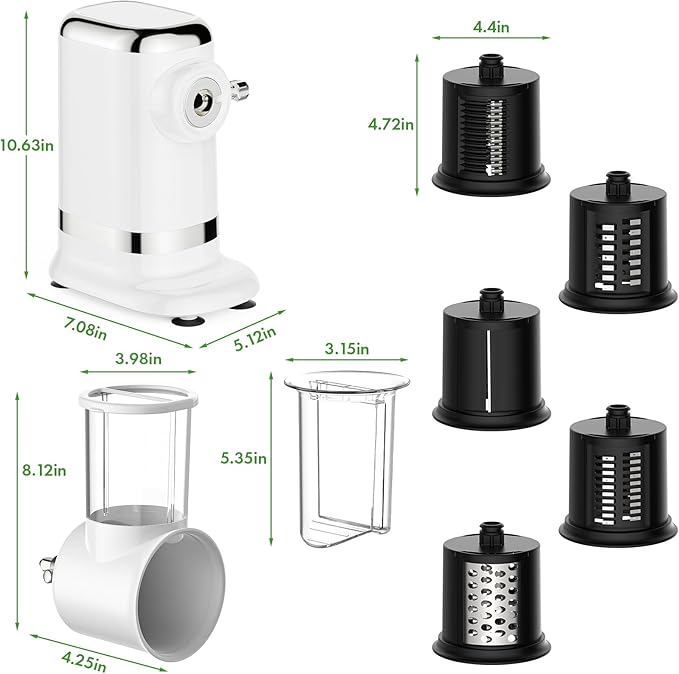 GVODE 5 in 1 Electric Cheese Grater & Vegetable Slicer - 700W Powerful Rotary Grater for Kitchen with Multiple Attachments, White