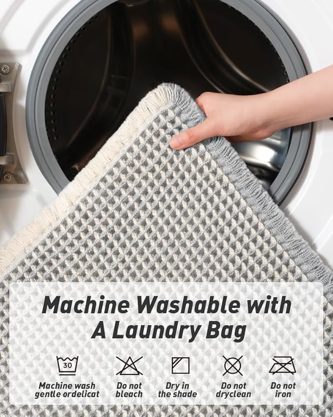 Upgraded Waffle Runner Rug Super Absorbent Non Slip Bath Mats for Bathroom Machine Washable Bathroom Runner Rug with Tassels, Ideal for Hallway Bedroom Laundry Room, 17" x 60", LightGrey & Cream