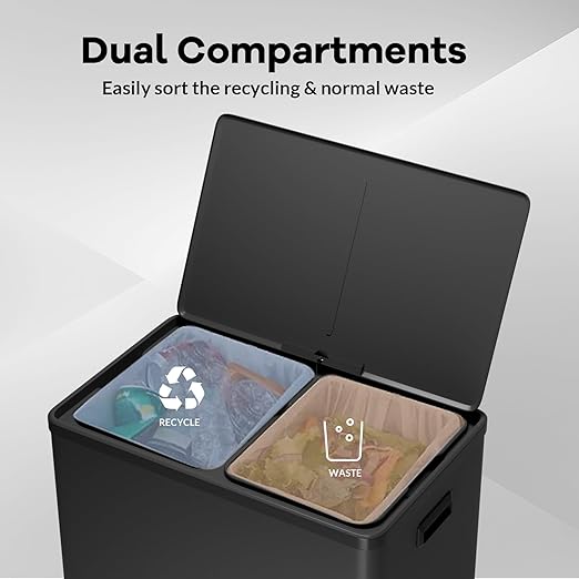 GarveeHome Step Dual Trash Can, 60 L/16 gal Recycle Bins with Lid, 2 Removable Wastebusket, Step Pedal, Large Stainless Steel Double Trash Bin for Kitchen, Bathroom