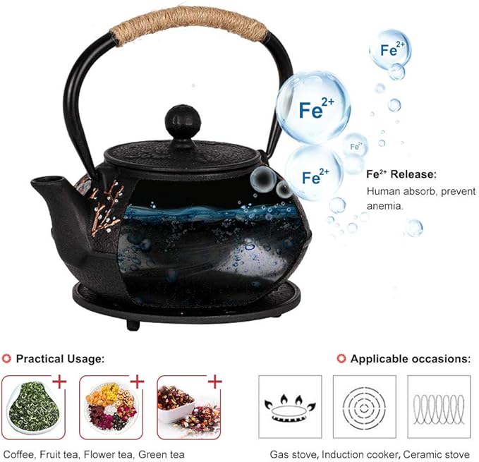 Cast Iron Teapot with Tea Cups Trivet Japanese Style Tetsubin Tea Kettle with Infuser Iron Tea Set Gift for Adult Father Mother Family (Black,Magpie on the Plum Design)