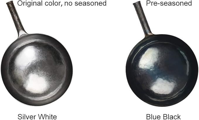 臻三环 ZhenSanHuan Chinese Hand Hammered Iron Woks and Stir Fry Pans, Non-stick, No Coating, Carbon Steel Pow (34CM, BlueBlack Seasoned with help handle)