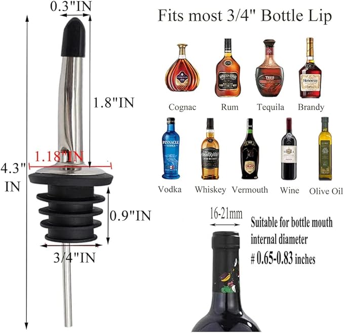 Pafusen 6 Pack Liquor Bottle Pourers, Liquor Pour Spout for Liquor Bottles, Stainless Steel Olive oil Dispenser Spout, Alcohol Pourer Spouts Dust Caps Covers, Sliver