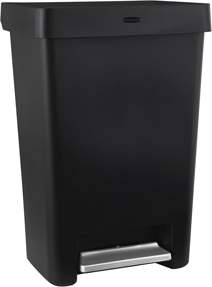 Rubbermaid Step-On Kitchen Trash Can with Lid, 12.4 Gallon, Black, Garbage Container for Home/Kitchen/Apartment/Garage