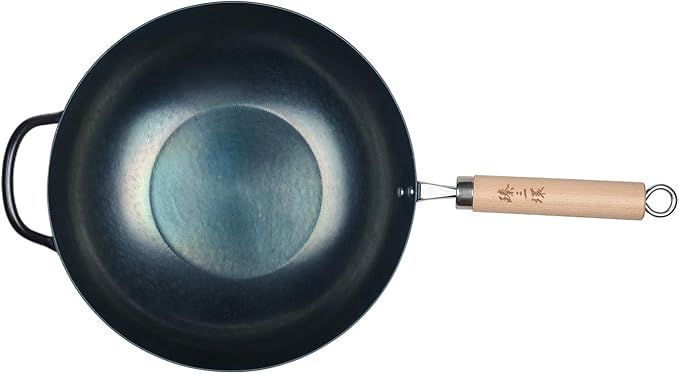 臻三环 ZhenSanHuan HandHammered Iron Wok Flat Bottom Induction Suitable (34CM Wood Handle with Help)