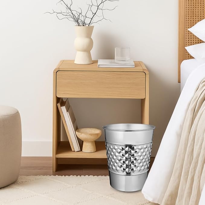 Monarch Abode Nickel Chrome Handcrafted Geometric Embossed Metal Wastebasket for Home, Decorative Waste Basket, Modern Bathroom Garbage Can, Durable & Decorative Trash Bin, Nickel Chrome Trash Can