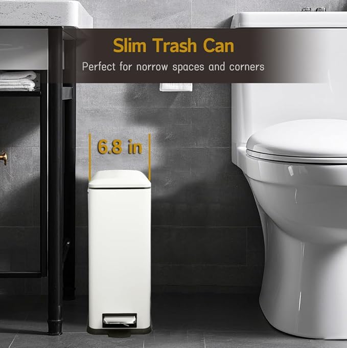 White 10L/2.6 Gallon Bathroom Trash Can with Lid,features a removable inner bucket, a soft - close lid, and a stainless - steel step pedal,ideal for use in the bathroom, kitchen, and home office.