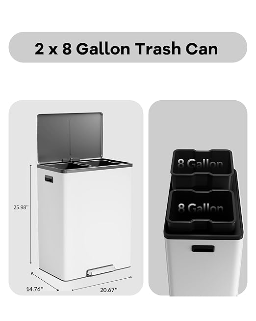 Garvee Dual Trash Can for Recycling and Trash, Stainless Steel Kitchen Trash Can with Lid and Foot Pedal, Double Compartment Garbage Can, with Recycling Bin
