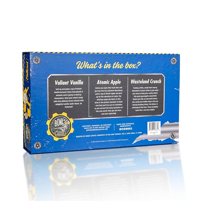 Bones Coffee Company Fallout Collector's Box Flavored Coffee, Low Acid Medium Roast Arabica Beans Coffee Gifts, Fallout Series Inspired, For Auto Drip and French Press,12 oz Pack of 3 Ground