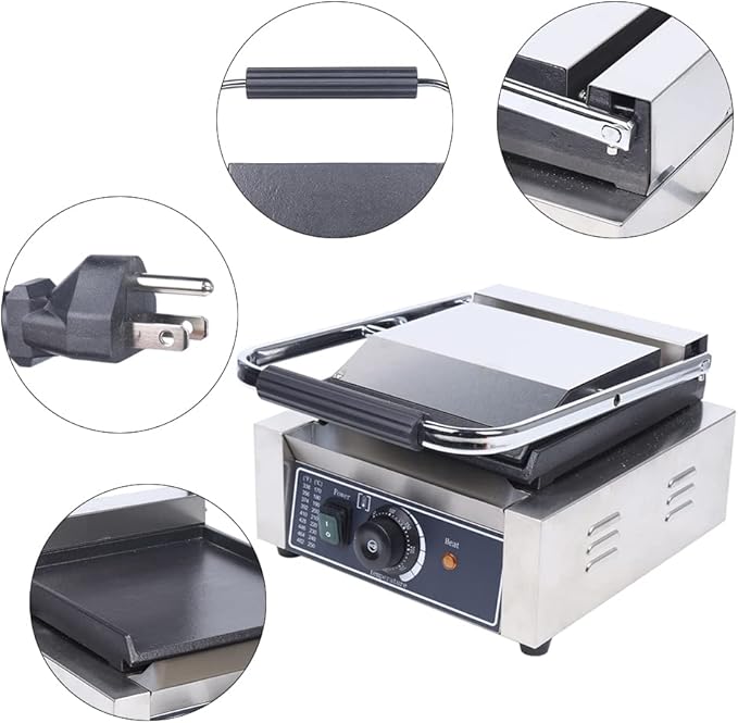Commercial Panini Grill, 110V 1800W Electric Single Sandwich Press Gril with Temp Control Smooth Flat Surface Sandwich Maker for Restaurant Cafe