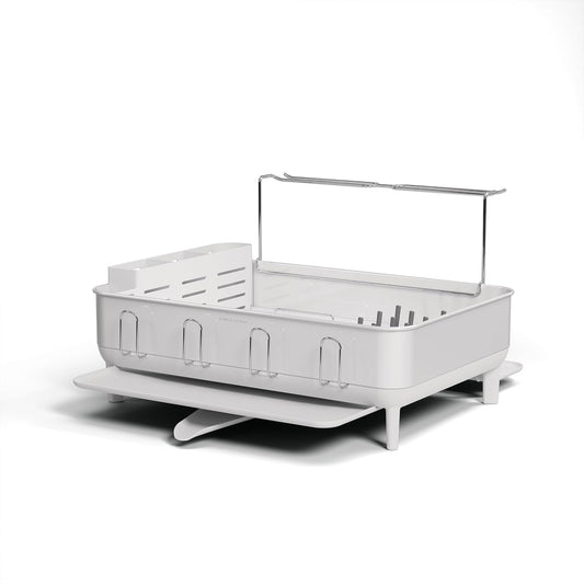 simplehuman Large Capacity Dish Drying Rack with Stainless Steel Frame, 360º Easy Drain Swivel Spout, Utensil & Wine Glass Holder, Anti-Residue Coating, Moisture Control Surface, White