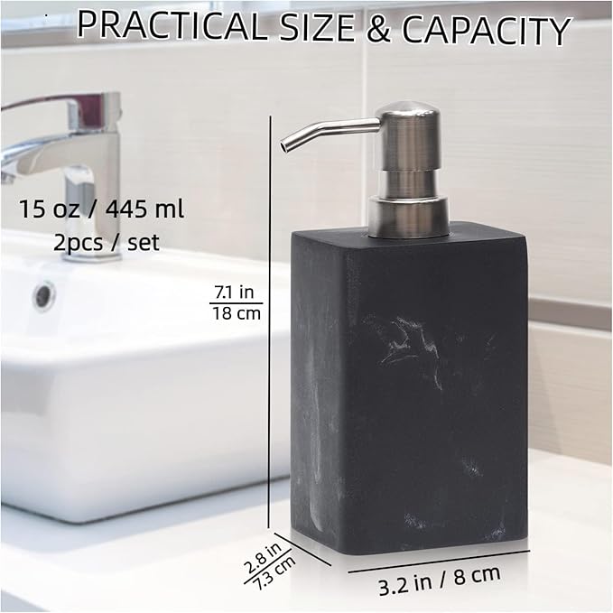 2Pcs Hand Soap Dispenser Sets for Bathroom Countertop,Refillable Marble Texture Resin Stone Liqiud Dish Soap Dispenser for Kitchen Sink-15 Oz/445ml (Black&White)