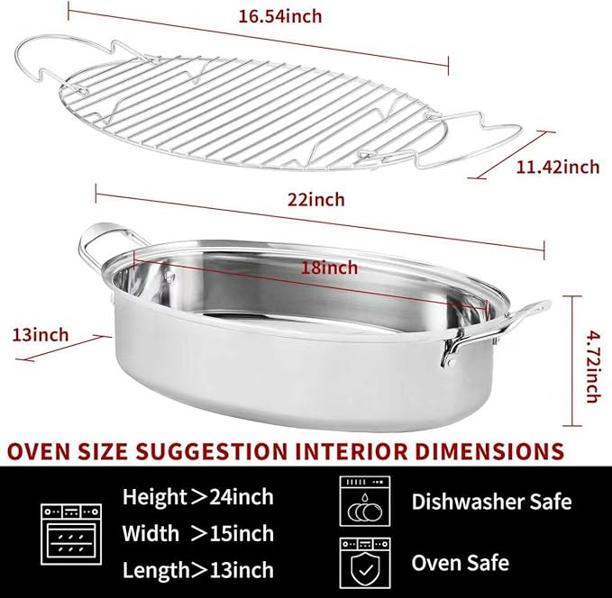 Roasting Pan With Rack and Lid,Oval Stainless Steel Turkey Roasting Pan,22INCH(With Handle), Dishwasher Safe Bakeware for Turkey,Roasted Chicken,Beef or Veggies,by DIMESHY
