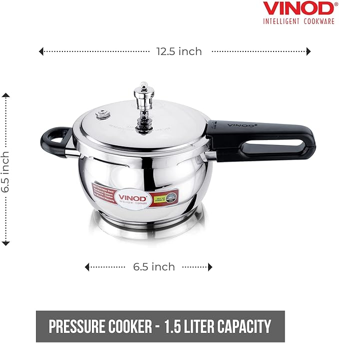 Vinod Pressure Cooker Stainless Steel – Glass Lid Handi Pot - 1.5 Liter – Indian Pressure Cooker – Stove Top Sandwich Bottom – Best Used For Indian Cooking, Soups, and Rice Recipes, Quinoa
