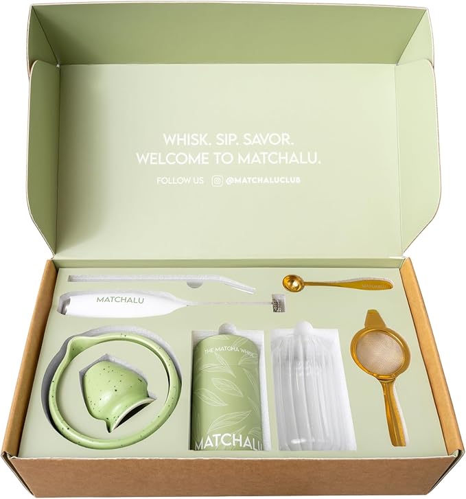 Matcha Whisk Set With Ceramic Matcha Bowl, Bamboo Whisk & Holder, Stainless Steel Spoon & Sifter, Glass Cup & Straw, Electric Frother, Storage Bag - Gift for Matcha Lovers (Premium 9-Piece Set Green)