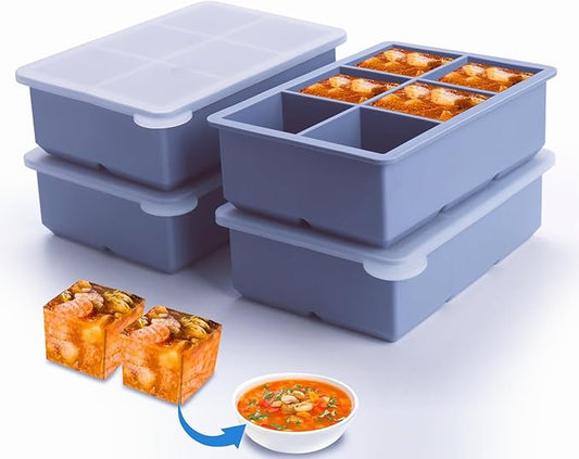 1/2 Cup Silicone Freezer Tray With Lid - Silicone Freezer Molds 4-Pack For meal prep & freezing of various sauces and other dishes, makes 24 perfect 1/2 cup portions cubes (Blue 4 Pack)