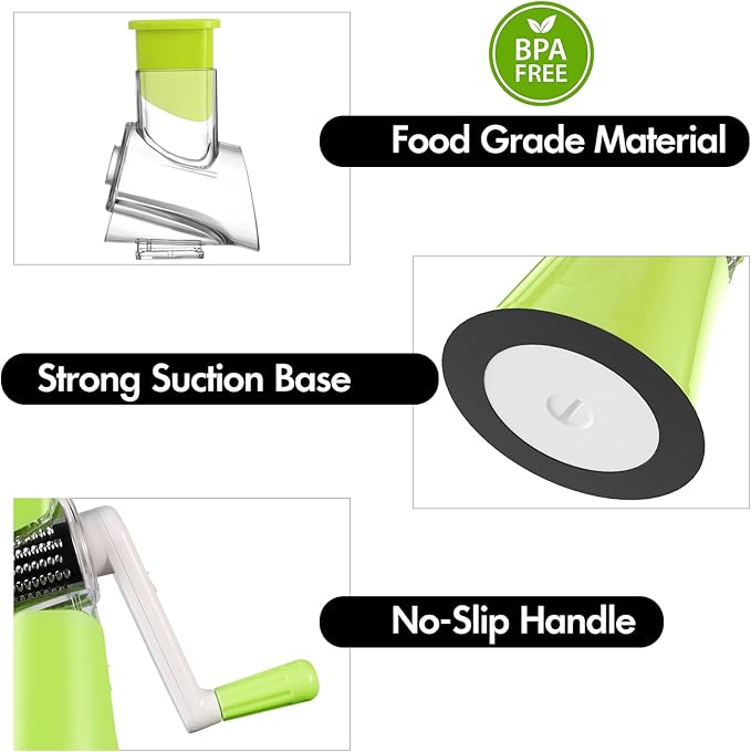 Cheese Grater Hand Crank, Rotary Vegetable Shredder with Handle and Strong Suction base, 3 in 1 Kitchen Speed Spin Veggie Slicer Nut Grinder for Pizza Top, Hash brown, Salad and More (Green)