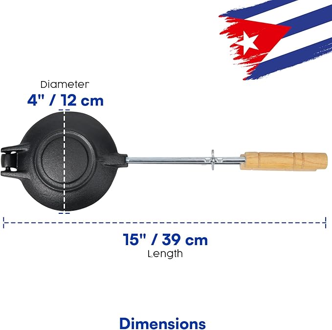 Original Disquera de Pan Cubano Redondo – Set of 2 Cast Iron Cuban Sandwich Presses – Traditional Discos Voladores Maker – 15” with Wooden Handles