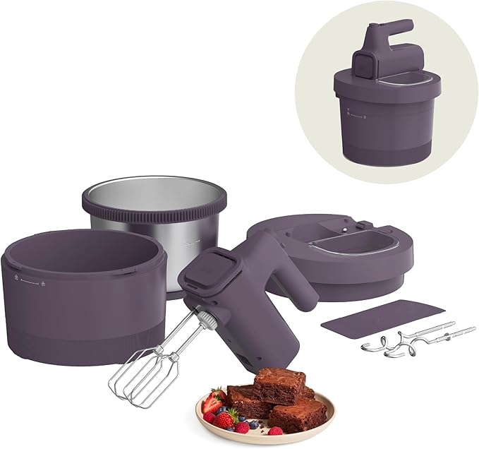 bella 3.5 Qt Hand & Stand Mixer, 2 in 1 Electric Mixer with Bowl, Dough Hook, Whisk & Egg Beater, Multifunctional Handheld Blender & Mixer for Baking, 200 Watt, Plum