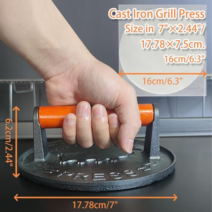 7inch Diameter Bacon Press, Grill Press, Burger Press, Meat Press, cast Iron Grill Press, cast Iron Grill, Iron Press, with Wooden Handle Perfect for Flat Top Griddle Grill Cooking