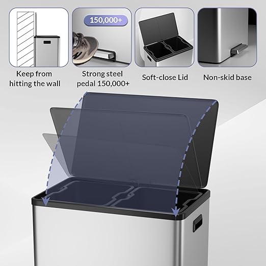 GarveeHome Step Dual Trash Can, 60 L/16 gal Recycle Bins with Lid, 2 Removable Wastebusket, Step Pedal, Large Stainless Steel Double Trash Bin for Kitchen, Bathroom