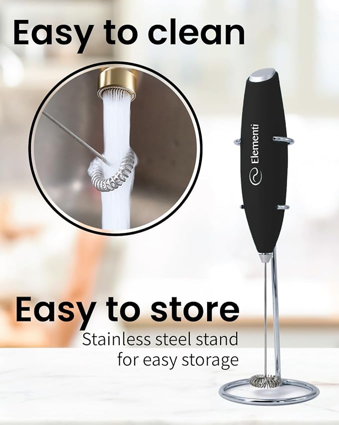 Elementi Milk Frother Wand & Drink Mixer with Stand - Turbo Milk & Coffee Frother Handheld - Hand Held Coffee Mixer Wand & Cold Foam Maker for Frothy Cappuccinos, Lattes & Drink Mixes at Home - Black