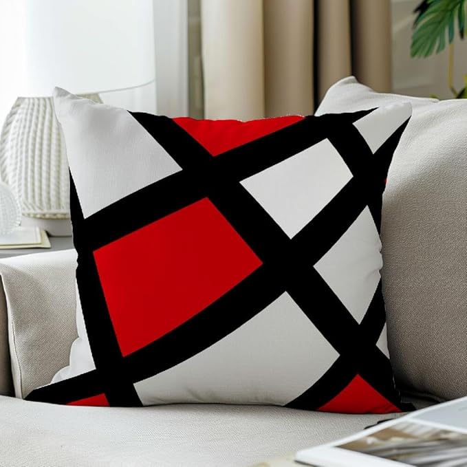 Modern Art Geometric Pillow Cover, Decorative Throw Pillow Covers Red Black Abstract Artwork Cushion Cover for Bedroom Sofa Living Room 18 x 18 Inch Set of 2