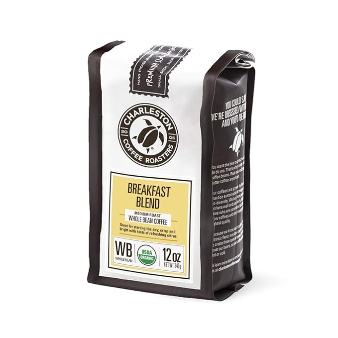 Charleston Coffee Roasters | Specialty Organic Whole Bean Coffee | Hand Picked, Premium Slow Roast | (Breakfast Blend, Medium Roast) 12oz, 6 pack