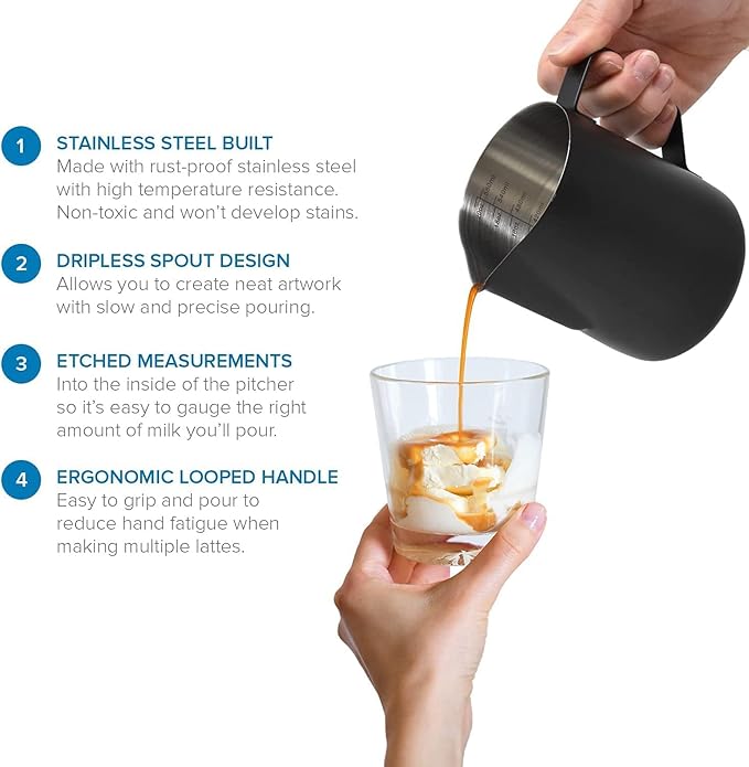 Milk Frothing Pitcher, Stainless Steel Milk Frother Cup,20 OZ/600ML Black Milk Frother Pitcher Barista Tools, Espresso Machine, Milk Frother