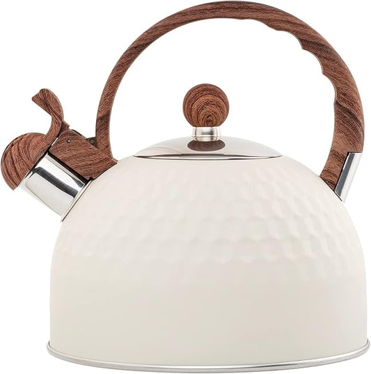 Whistling Stainless Steel Tea Kettle with Wood Grain Anti Heat Handle, Cylindrical Wood Grain Stainless Steel Cover, 2.6 Quart/2.5 Liter, Beige