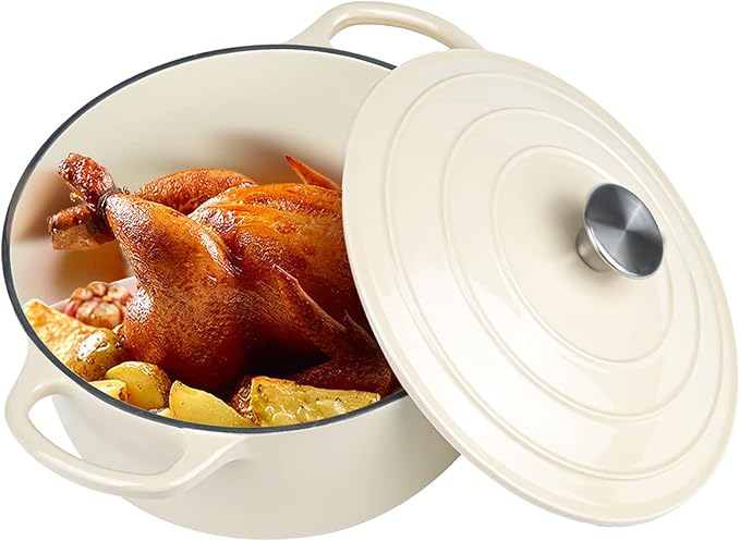 Miereirl 6 Quart Enameled Dutch Oven Pot with Lid, Cast Iron Dutch Oven with Dual Handles for Bread Baking, Cooking, Non-stick Enamel Coated Cookware (Beige)