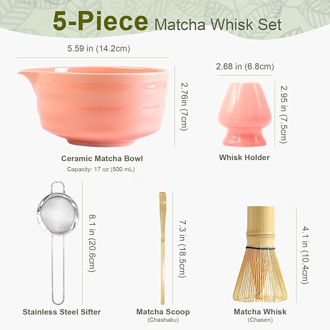 Matcha Whisk Set - 5Pcs Japanese Tea Set Includes Ceramic Matcha Bowl with Spout, Bamboo Whisk with Holder, Scoop and Sifter, Essential Matcha Kit for Tea Ceremony, Gift for Beginners (Pink)