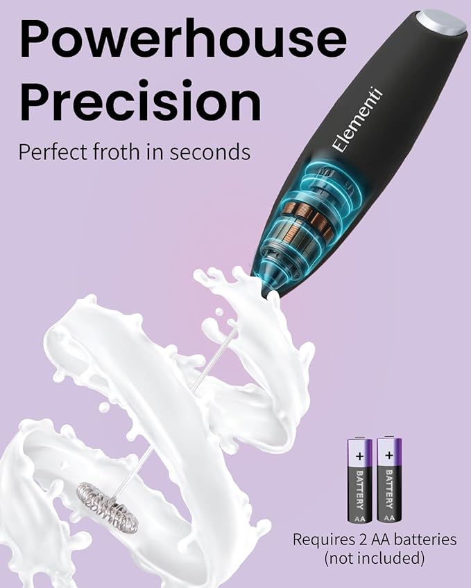 Elementi Milk Frother Wand & Drink Mixer with Stand - Turbo Milk & Coffee Frother Handheld - Hand Held Coffee Mixer Wand & Cold Foam Maker for Frothy Cappuccinos, Lattes & Drink Mixes at Home - Black