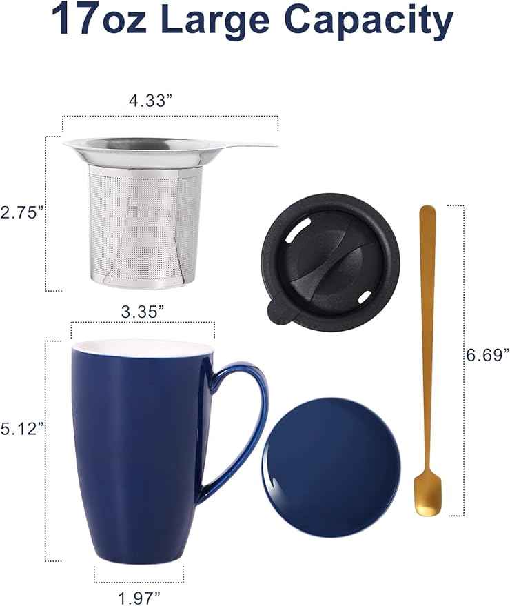 Tea Cup with Infuser and Lid, 17 oz Large Tea Infuser Mug with 2 Lids, Ceramic Teacups for Women, Men, Kids, Loose Leaf, Gifts