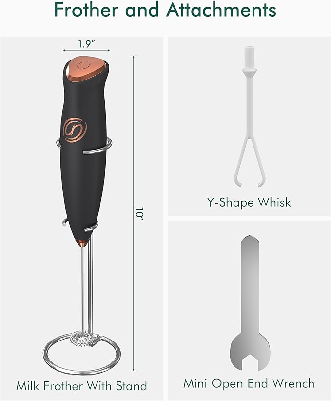 Milk Frother With Stand Handheld Drink Mixer Handheld with 2 Whisks Milk Frother Wand Coffee Frother Electric Whisk Stirrers Electric Milk Frother for Coffee Mixer Wand-Black/Copper